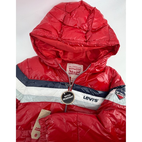 Levi's Other - Levis Boys Red Water Resistant Puffer Jacket Hooded Glossy‎ Coat Large 12-13 YRS
